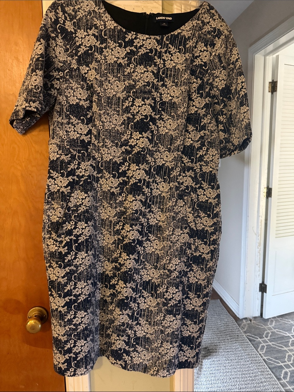 Lands' End Navy and Cream Floral Jacquard Midi Shift Dress